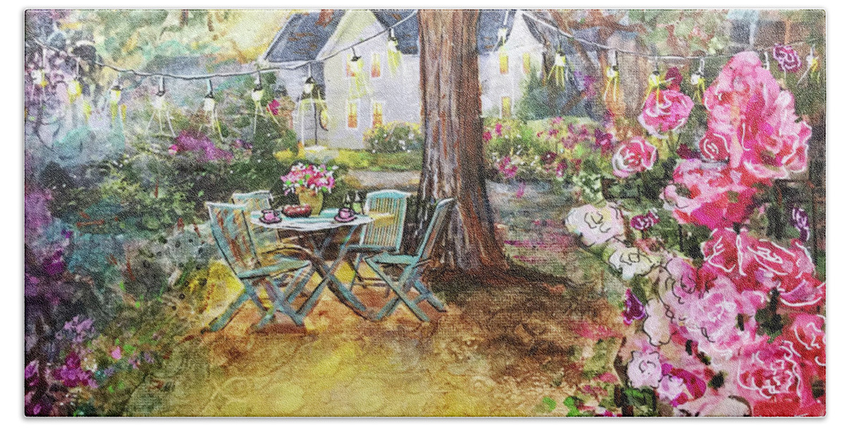  Collage Beach Towel featuring the mixed media Coffee In The Garden by Janis Lee Colon