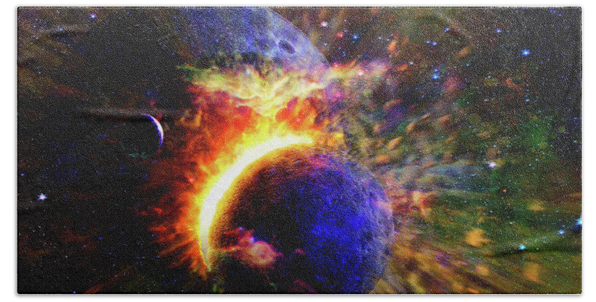  Beach Towel featuring the digital art Collision of Planets in Space by Don White Artdreamer