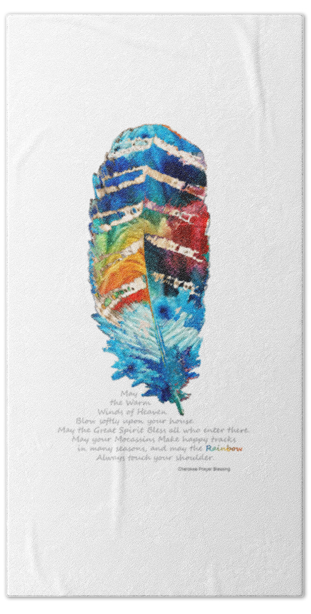 Feather Beach Towel featuring the painting Colorful Feather Art - Cherokee Blessing - By Sharon Cummings by Sharon Cummings