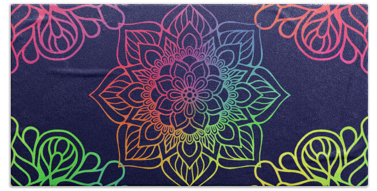 Mandala Beach Towel featuring the digital art Colorful Mandala Pattern In Blue Background by Sambel Pedes