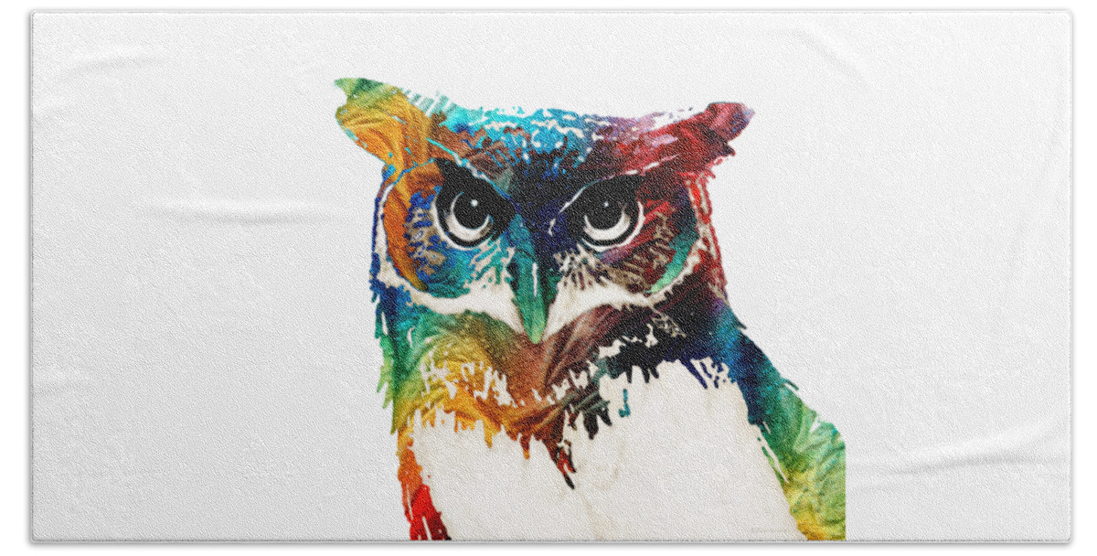 Owl Beach Towel featuring the painting Colorful Owl Art - Wise Guy - By Sharon Cummings by Sharon Cummings