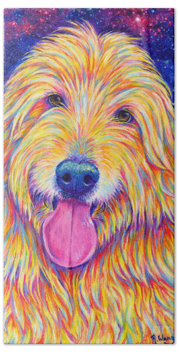 Goldendoodle Beach Towel featuring the painting Colorful Rainbow Goldendoodle by Rebecca Wang