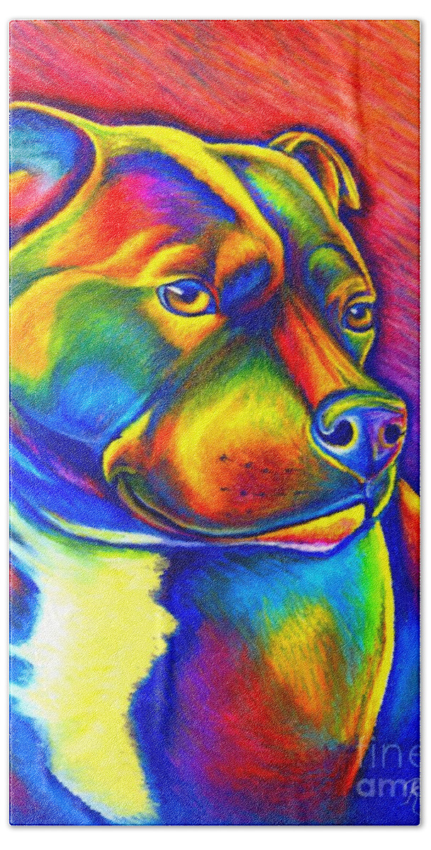Staffordshire Bull Terrier Beach Towel featuring the painting Colorful Rainbow Staffordshire Bull Terrier Dog by Rebecca Wang