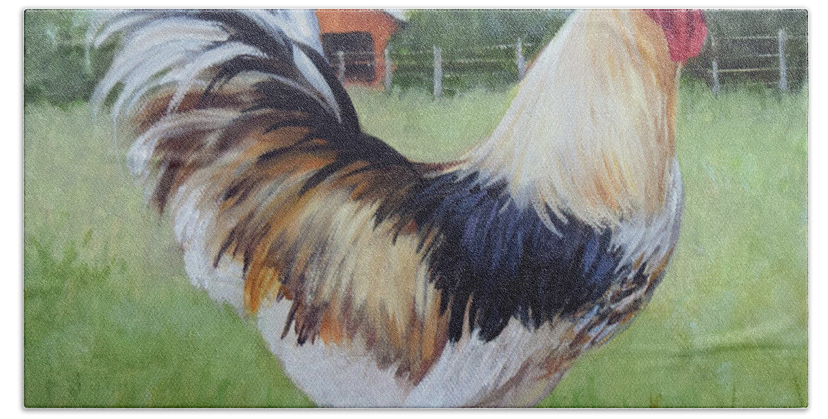 Rooster Beach Towel featuring the painting Colorful Rooster and Red Barn Landscape and Scene by Cheri Wollenberg by Cheri Wollenberg