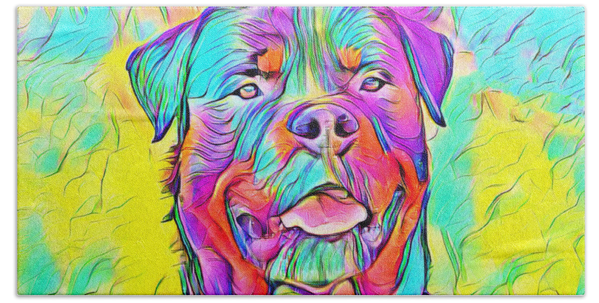 Rottweiler Dog Beach Towel featuring the digital art Colorful Rottweiler dog portrait - digital painting by Nicko Prints