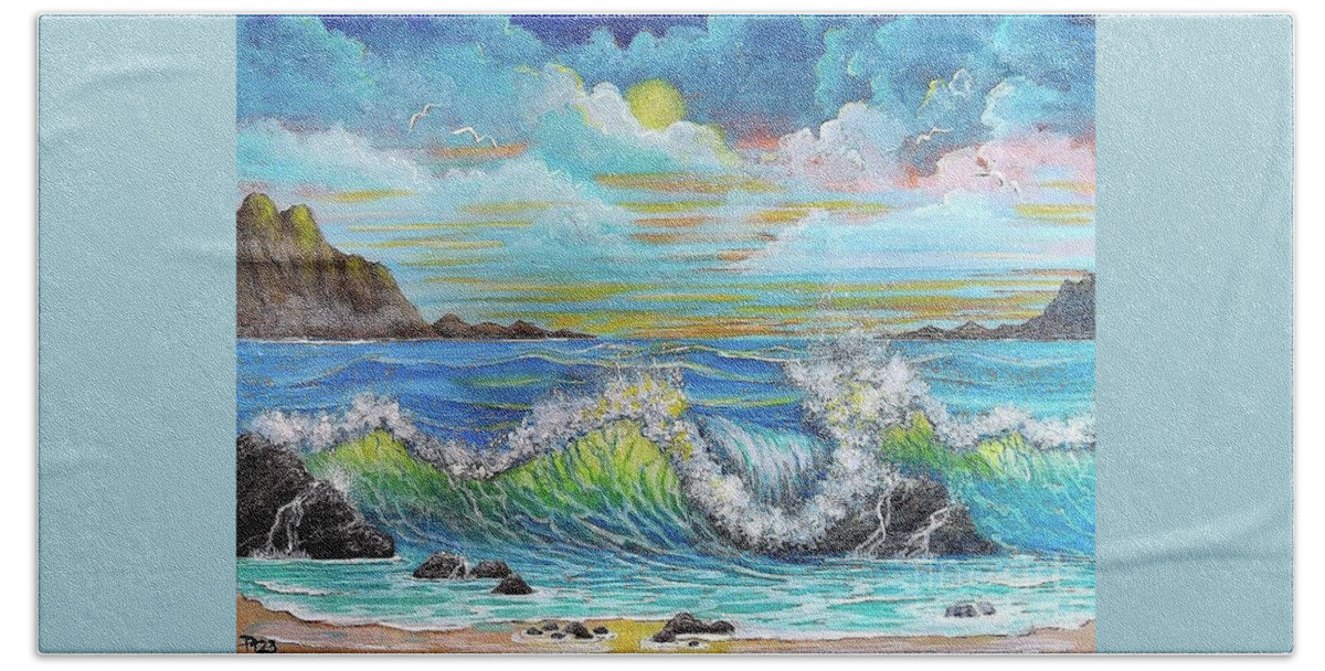 Seascape. Ocean Beach Towel featuring the painting Colorful Seascape by Bella Apollonia