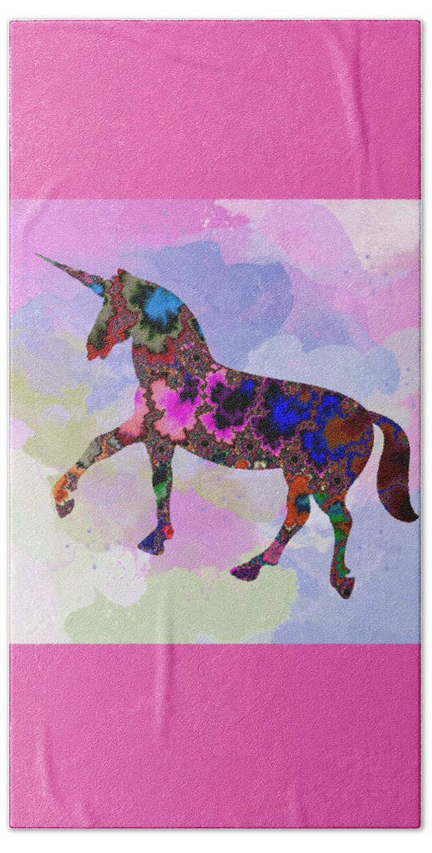 Colorful Beach Towel featuring the mixed media Colorful Unicorn Art-Fractal Watercolor Fusion by Shelli Fitzpatrick