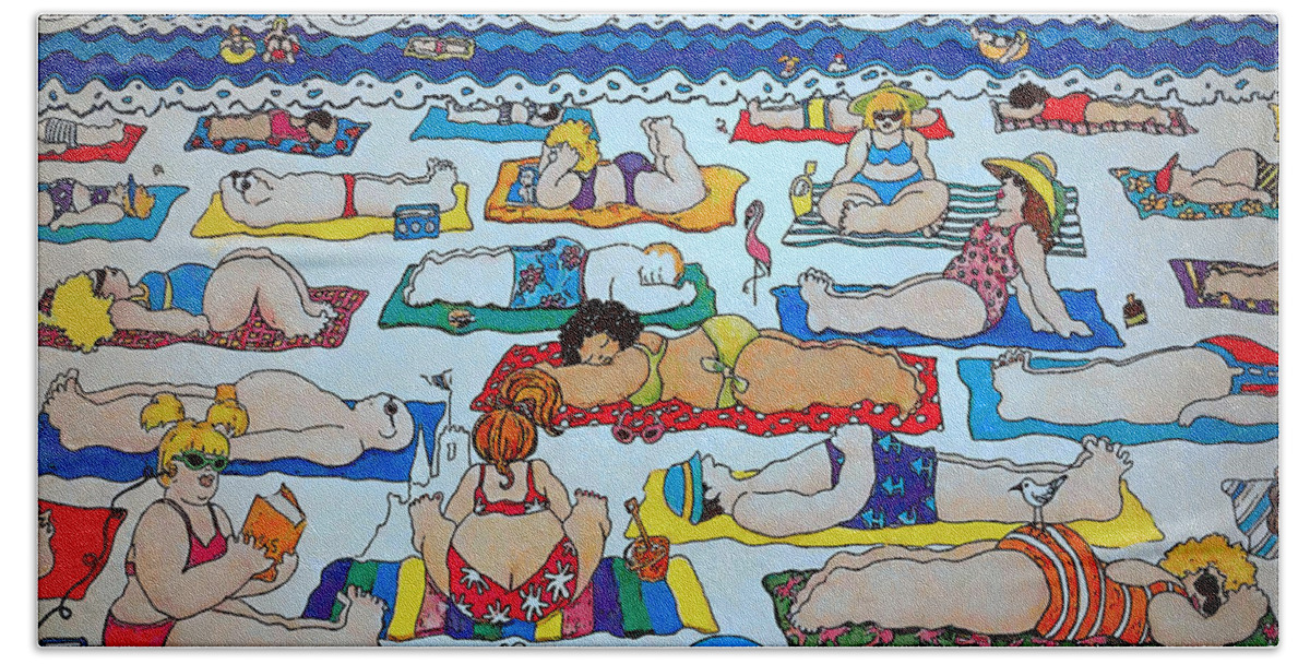 Colorful Beach Beach Towel featuring the painting Colorful Whimsical Beach Seashore Women Men by Rebecca Korpita