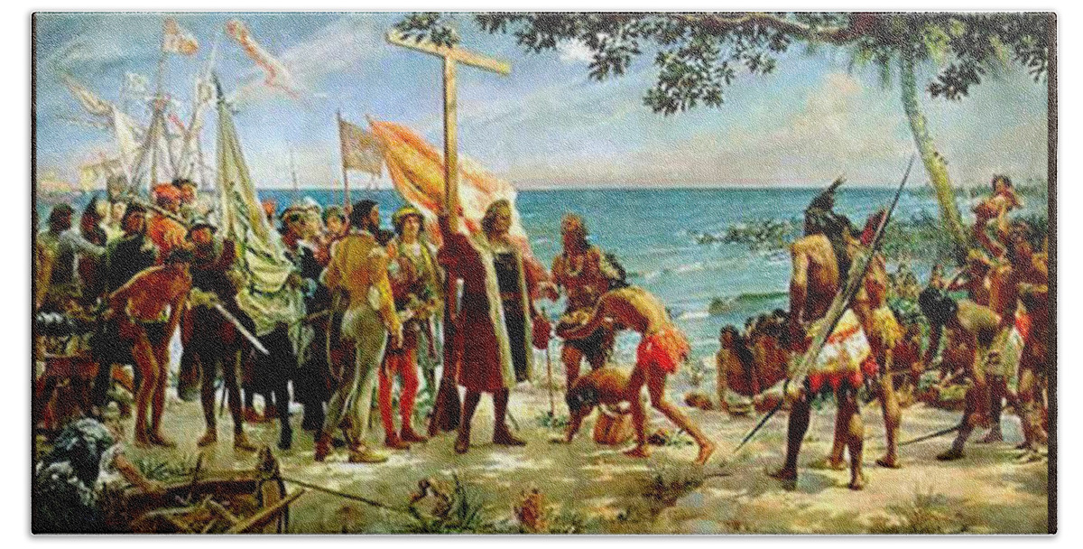 Christopher Columbus Encountered the Taino Arawak People in Ayti Hispaniola  on 12-06-1492 Century Beach Towel by Marie Jean- Baptiste - Pixels