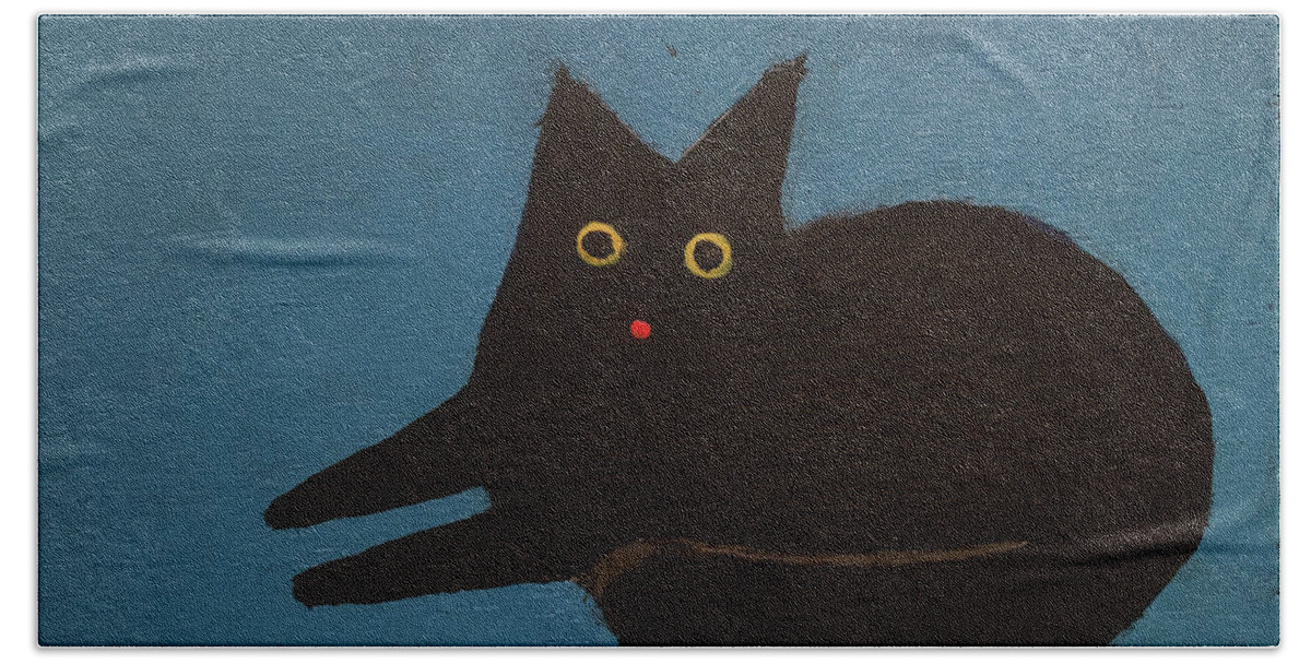 Black Cat Beach Towel featuring the painting Comfy Black cat by Sherry Rusinack