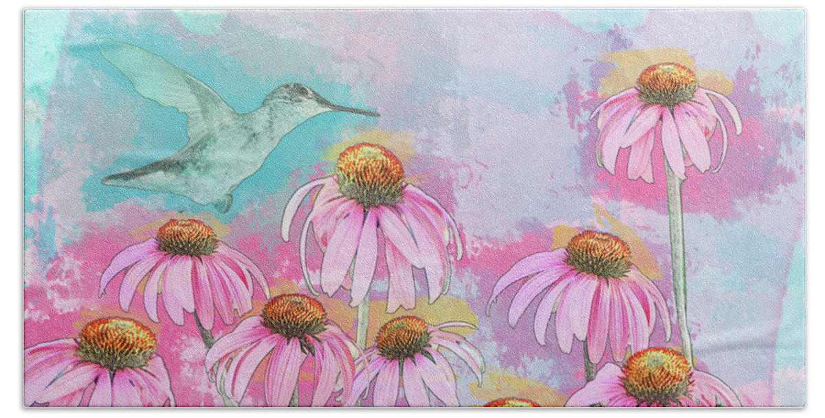 Hummingbird Beach Sheet featuring the photograph Coneflower Hummingbird Watercolor by Patti Deters