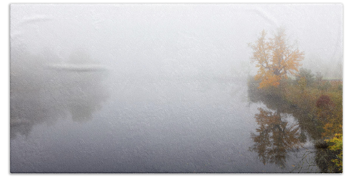 Connecticut River Beach Towel featuring the photograph Connecticut River and Fall Foliage on a Foggy Morning by Juergen Roth