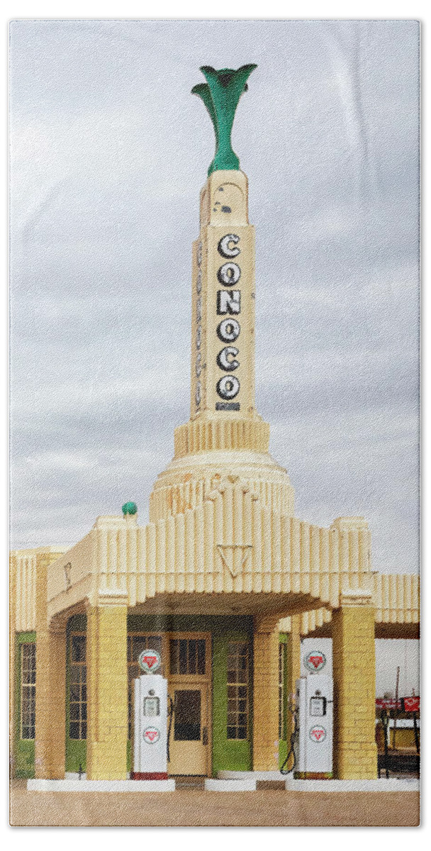 Conoco Tower Station Beach Towel featuring the photograph Conoco Tower Station - Route 66 - Shamrock Texas by Susan Rissi Tregoning