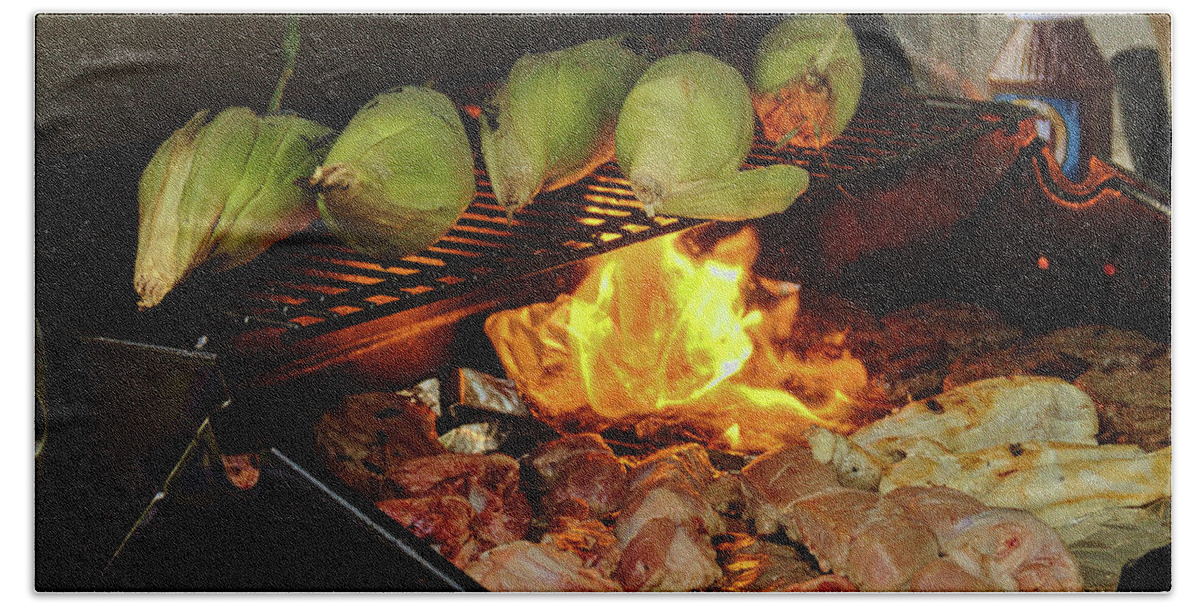 Food Beach Towel featuring the photograph Cooking food on a BBQ 3 by Karl Rose