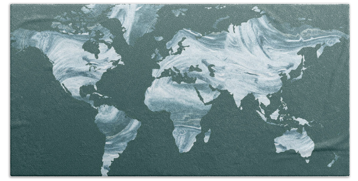 World Map Beach Towel featuring the painting Cool Teal Gray Blue Watercolor Silhouette World Map by Irina Sztukowski