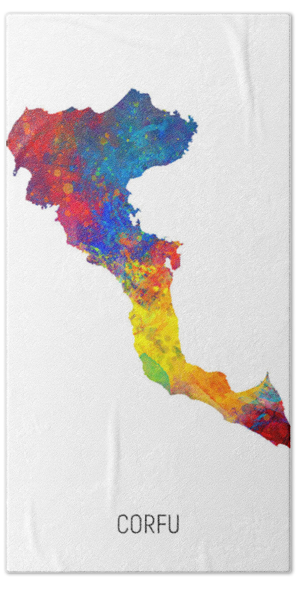 Corfu Beach Towel featuring the digital art Corfu Watercolor Map #40 by Michael Tompsett