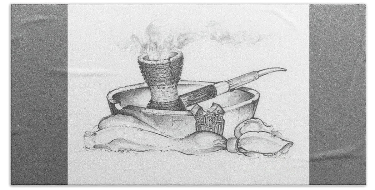 Drawing Beach Sheet featuring the drawing Corncob Pipe by Scott and Dixie Wiley
