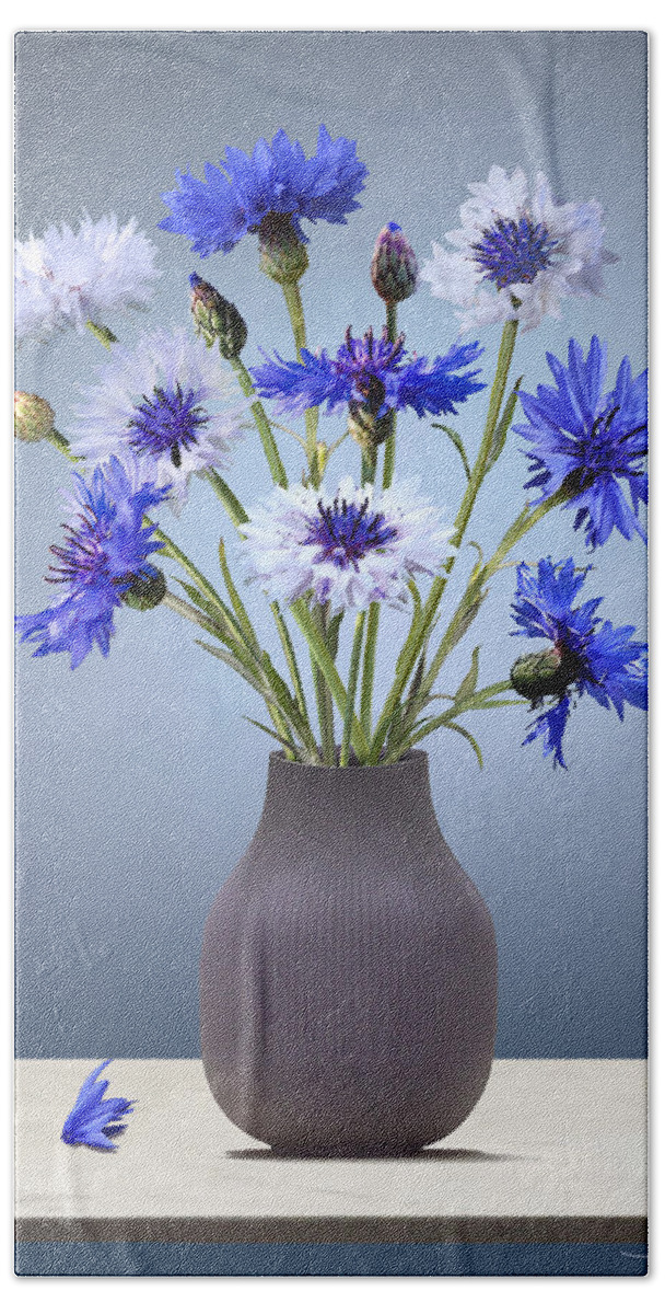 Flowers Beach Towel featuring the digital art Cornflowers in Mauve Vase by M Spadecaller