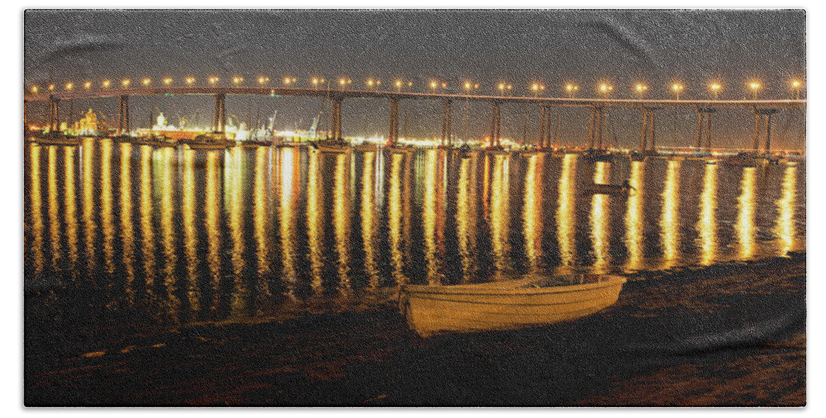 Coronado Beach Towel featuring the photograph Coronado Rowboat at Night and the Coronado Bridge Coronado California by Toby McGuire