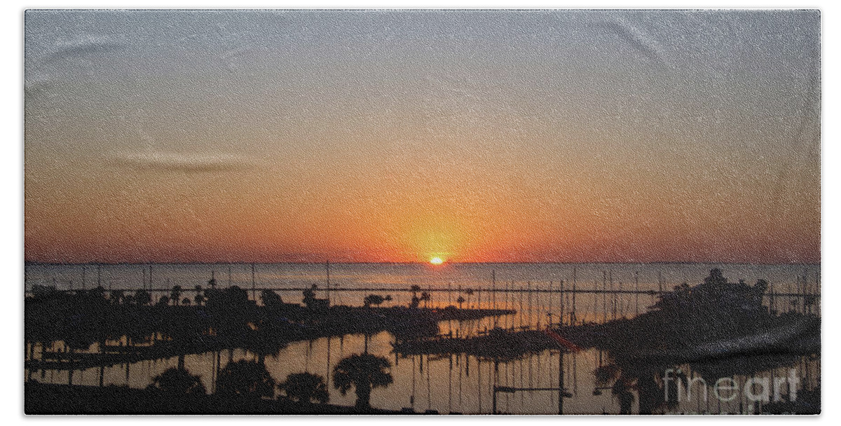 Corpus Christi Beach Towel featuring the photograph Corpus Christi Marina Sunrise by Andrea Anderegg