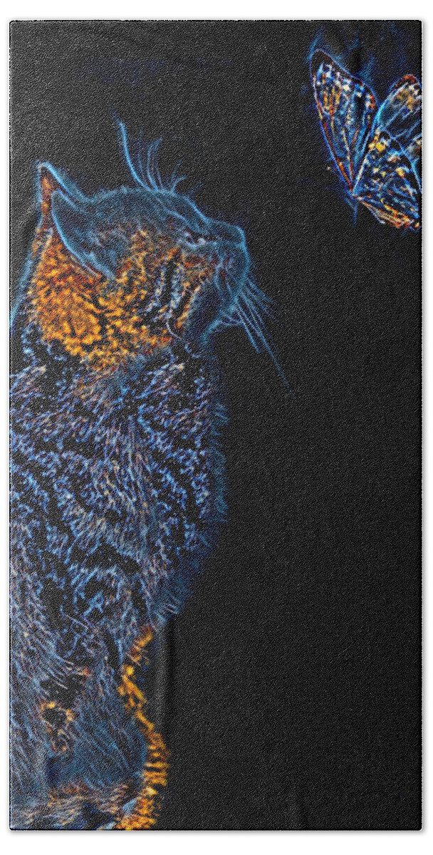  Cat Beach Towel featuring the digital art Cosmic Cat and Butterfly by La Moon Art