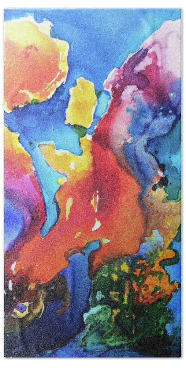 Abstract Beach Towel featuring the painting Cosmic Fire Abstract by Carlin Blahnik CarlinArtWatercolor