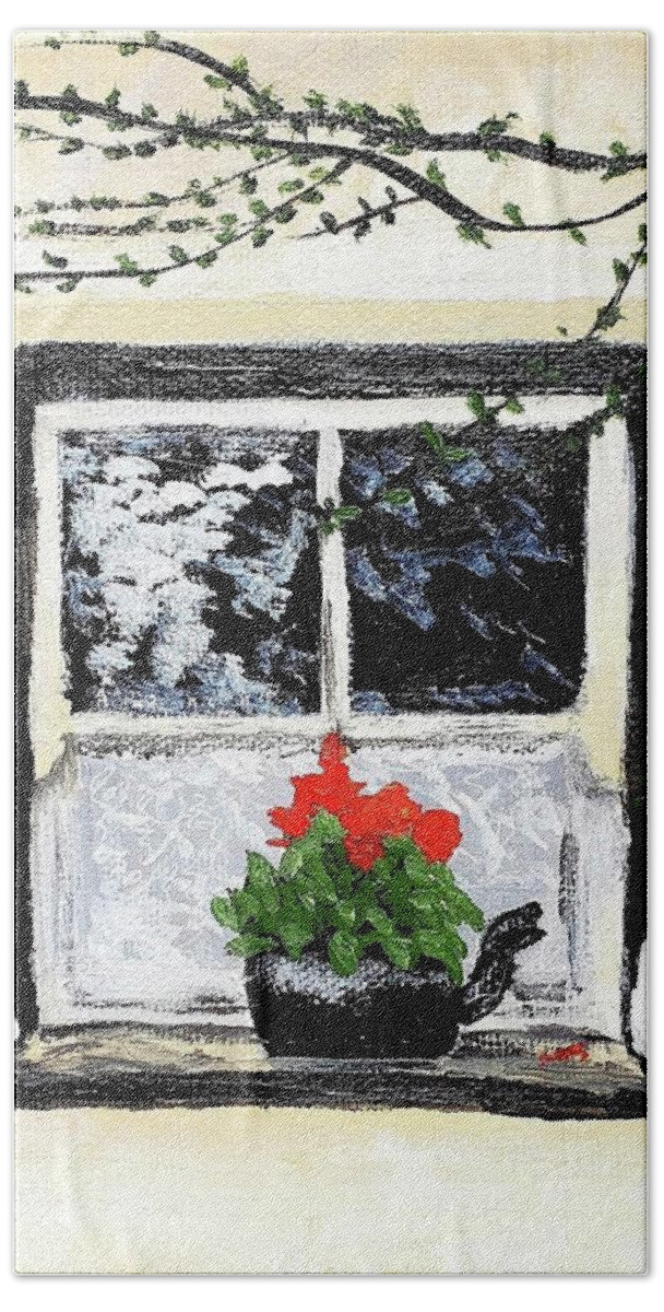  Beach Towel featuring the painting Cottage Window by Amy Kuenzie