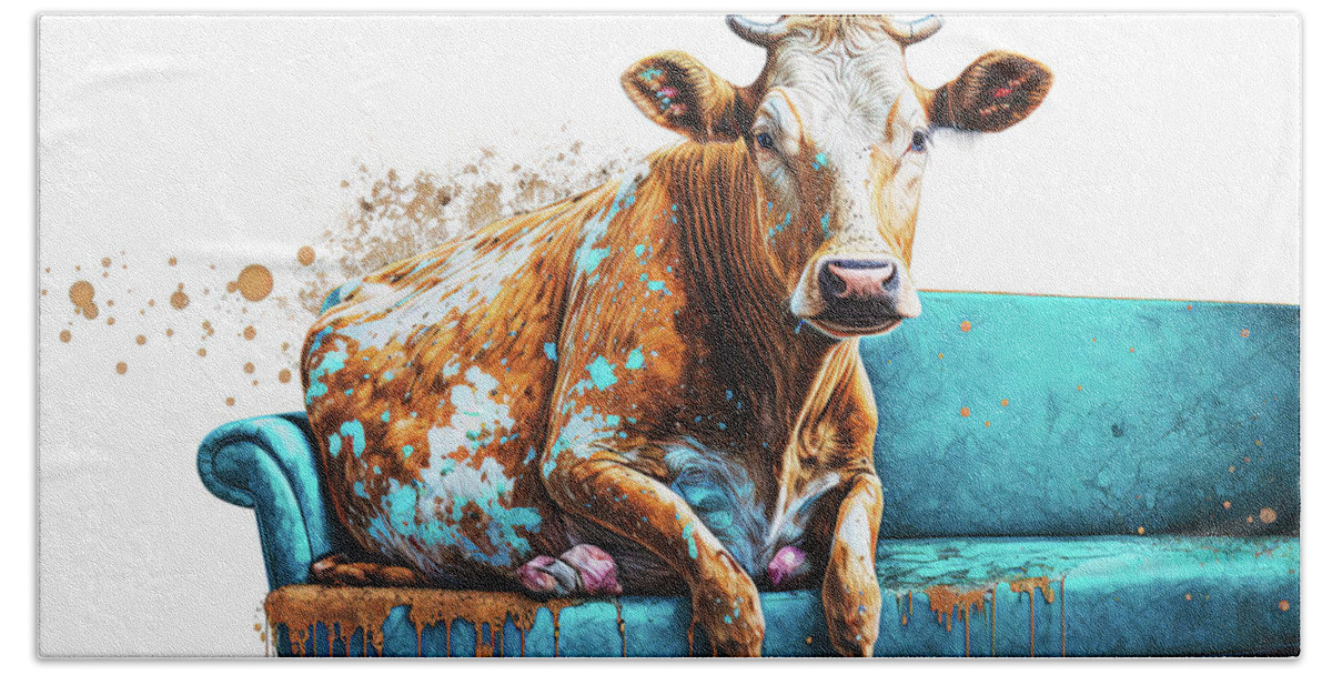 Cow Beach Towel featuring the painting Utterly Comfortable by Tina LeCour