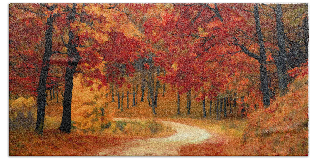 Fall Beach Towel featuring the painting Country Road in Autumn - DWP1072821 by Dean Wittle