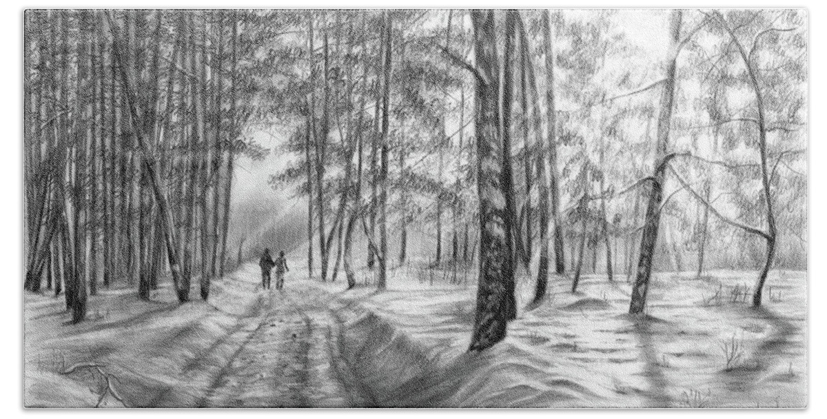 Winter Beach Towel featuring the drawing Couple Walking on a Road in Winter by Lena Auxier