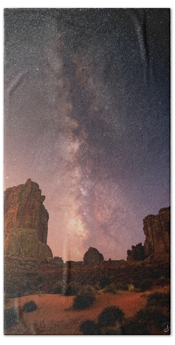 Night Beach Towel featuring the photograph Courthouse Towers and the Milky Way by Dan Norris