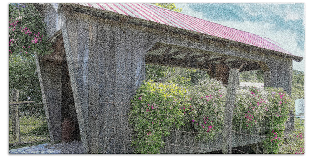 Bridge Beach Towel featuring the photograph Covered bridge with flowers by Bentley Davis