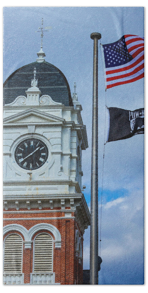 Reid Callaway Newton County Court House Images Beach Towel featuring the photograph Covington GA Newton County Court House Old Glory And Friend Architectural Art by Reid Callaway