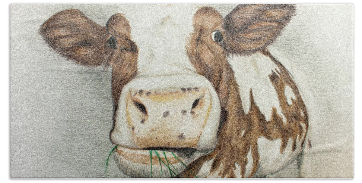 Cow Beach Towel featuring the drawing Cow Eating Breakfast by Lena Auxier