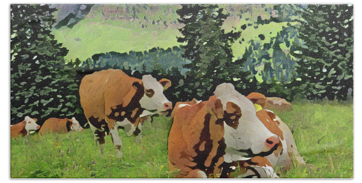 Cows Beach Towel featuring the painting Cow Herd Resting in Grass by The James Roney Collection