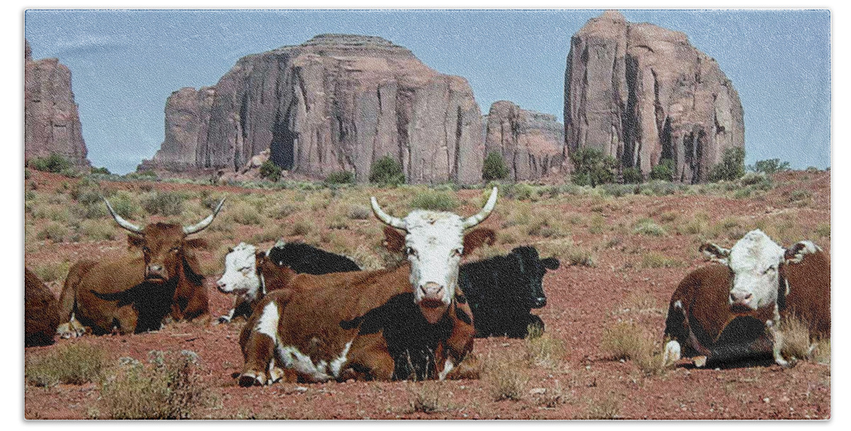 Monument Valley Beach Towel featuring the photograph Cows in the Mittens by Louis Dallara