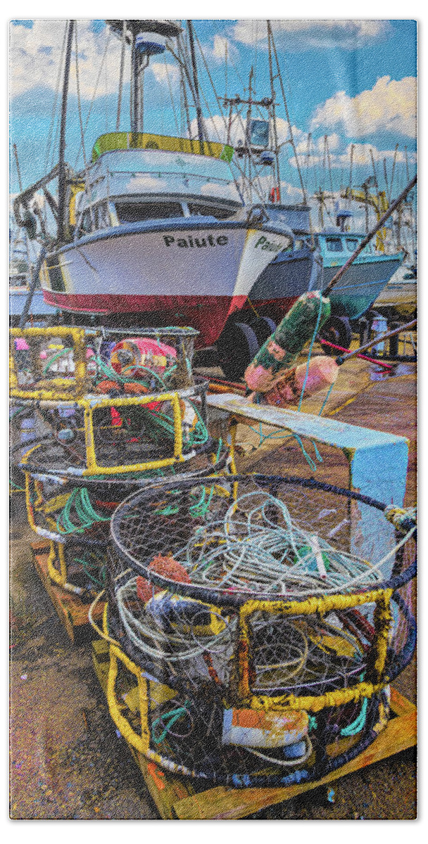 Coastal Beach Towel featuring the photograph Crab Pots On The Docks by Debra and Dave Vanderlaan