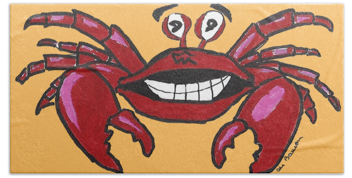 Crab Beach Towel featuring the drawing Crabby But Happy by Ali Baucom