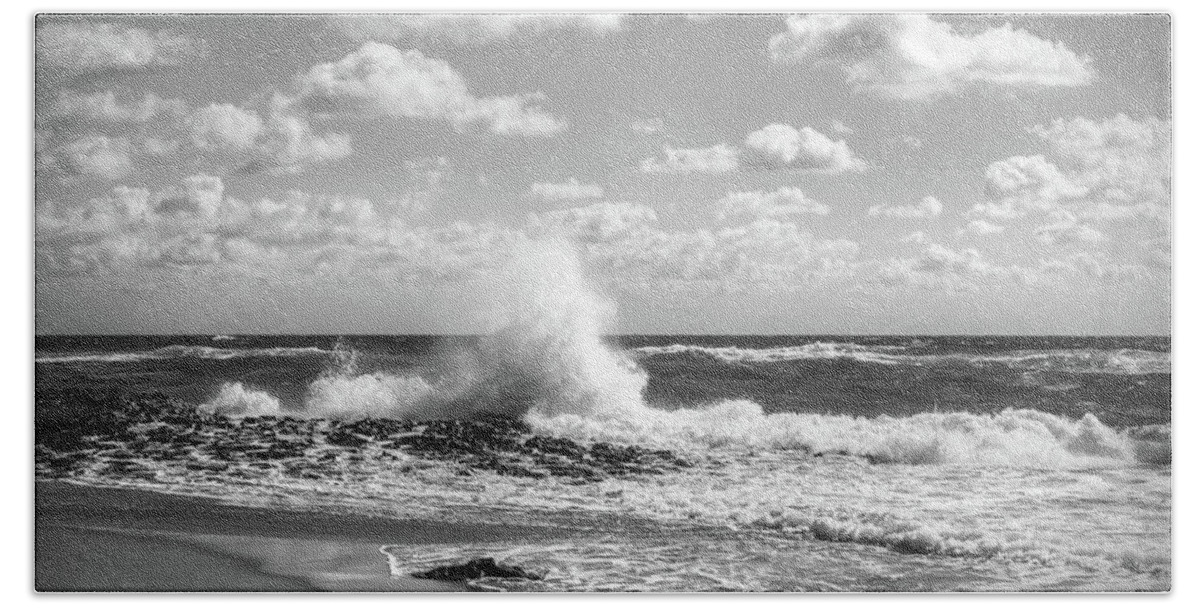 Clouds Beach Towel featuring the photograph Crashing into Shore in Black and White by Debra and Dave Vanderlaan