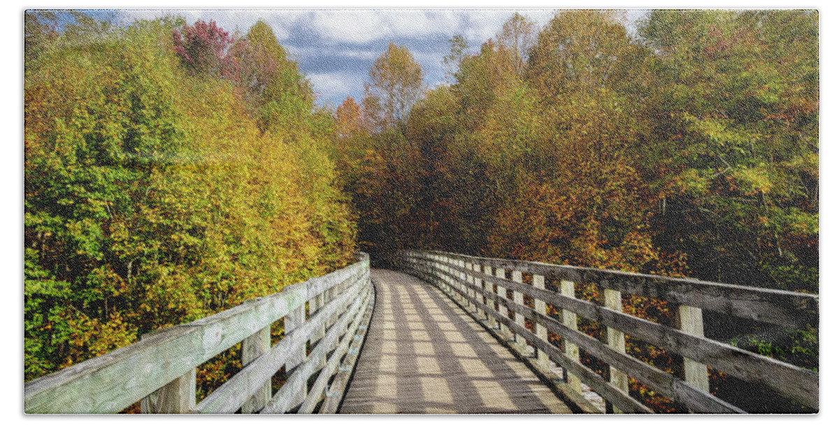 Clouds Beach Towel featuring the photograph Creeper Trail Bridge in Autumn Colors Damascus Virginia by Debra and Dave Vanderlaan