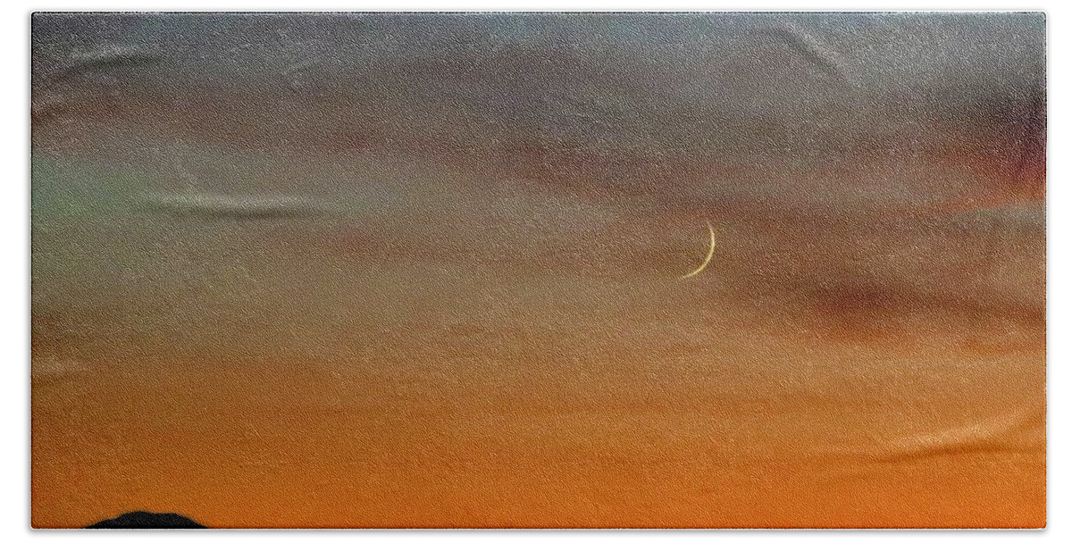 Moon Beach Towel featuring the photograph Crescent Moon at Sunset by Sarah Lilja