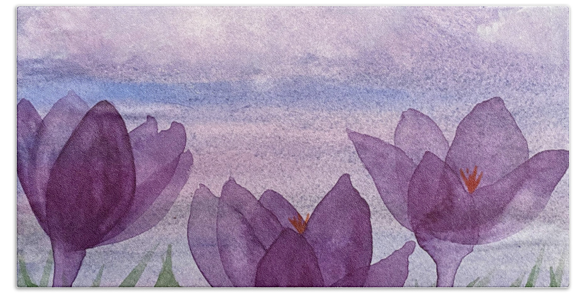Crocuses Beach Towel featuring the painting Crocuses and Clouds by Lisa Neuman