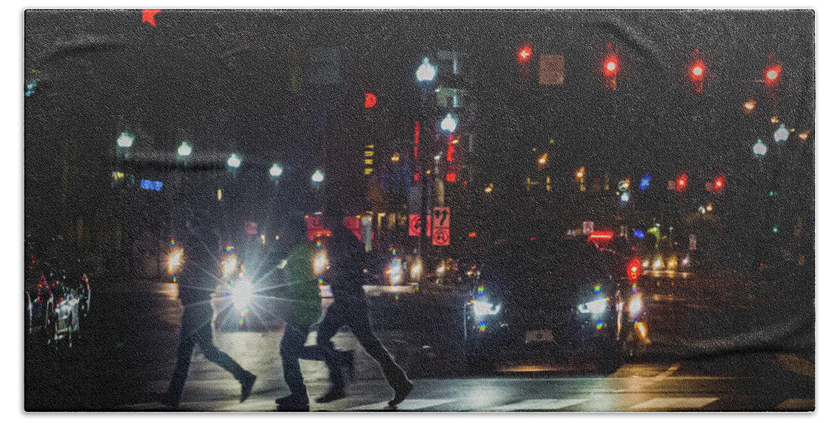 Night Photography Beach Towel featuring the photograph Crossing the street at night by Agnes Caruso