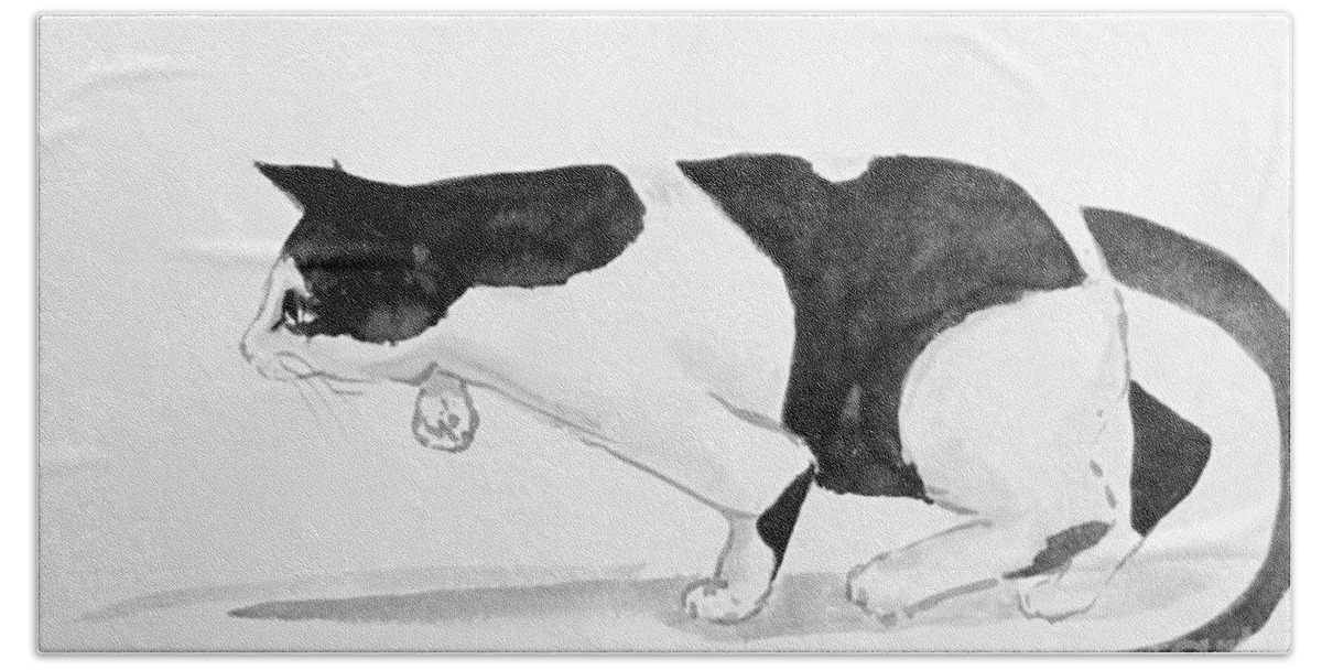 Sumi-e Painting Beach Towel featuring the painting Crouching cat by Asha Sudhaker Shenoy