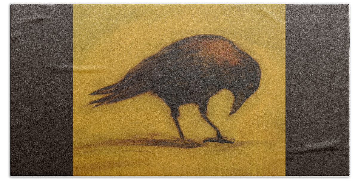Crow Beach Towel featuring the painting Crow 11 cropped version by David Ladmore