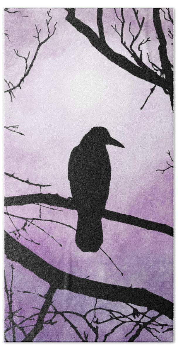 Crow Beach Towel featuring the digital art Crow Bird 78 Purple by Lucie Dumas