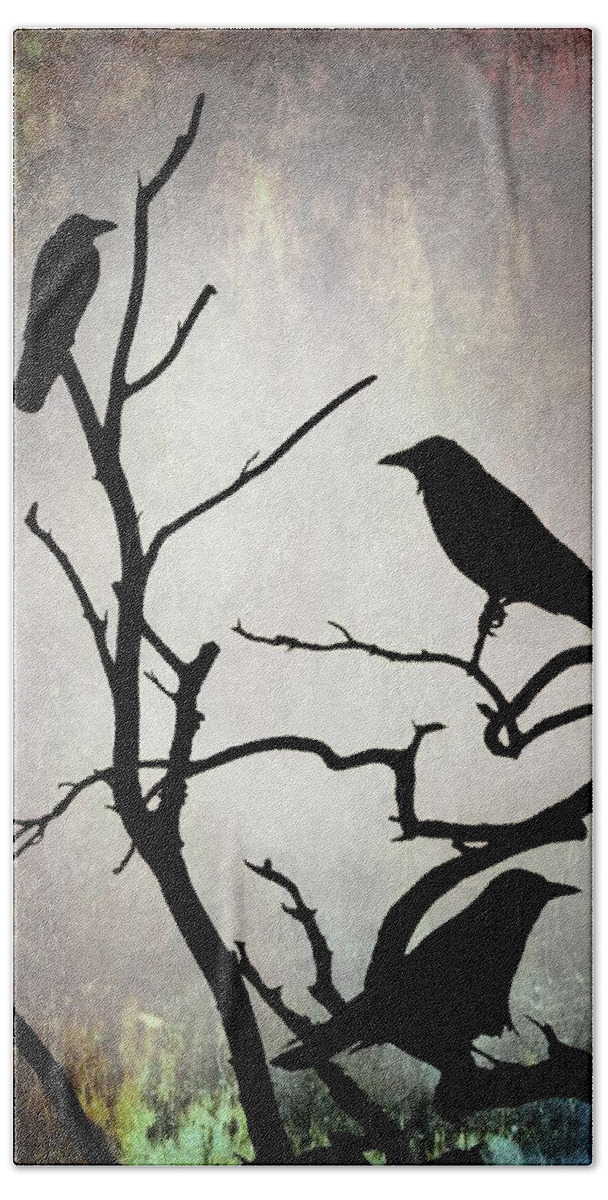 Bird Beach Towel featuring the digital art Crow Birds on Tree Bird 92 by Lucie Dumas