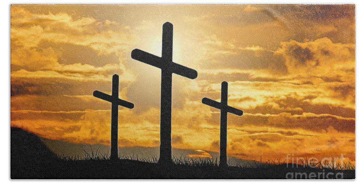 Crucifixion Beach Towel featuring the digital art Crucifixion of Jesus Christ Sunset by Walter Herrit