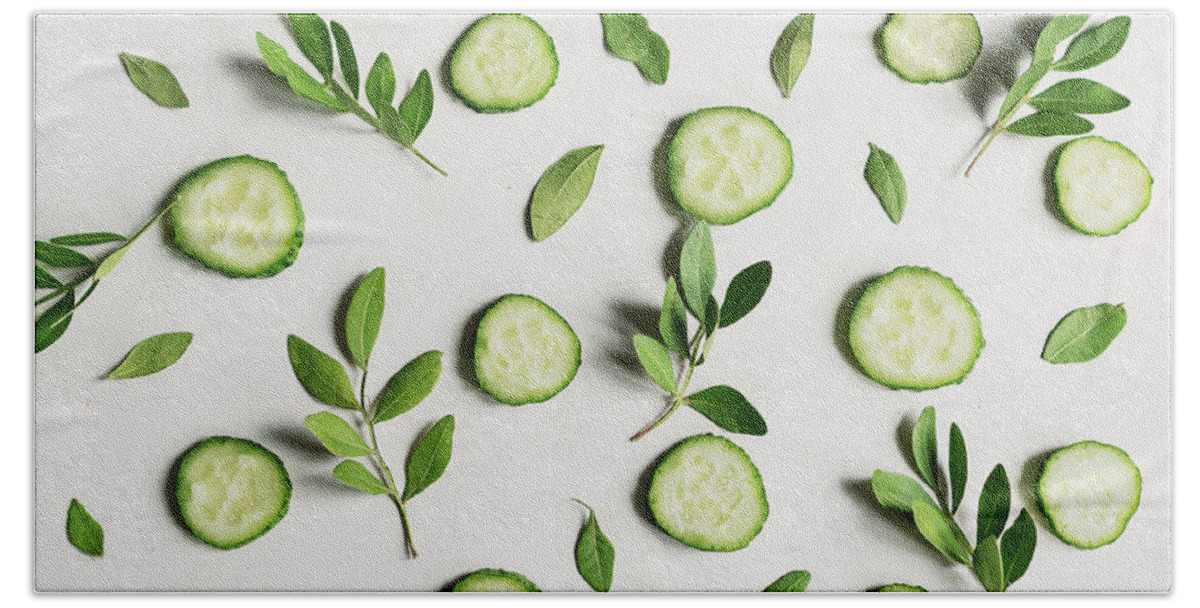 Cucumber flatlay. Wallpaper background texture. Beach Towel by Slaviana  Charniauskaya - Pixels