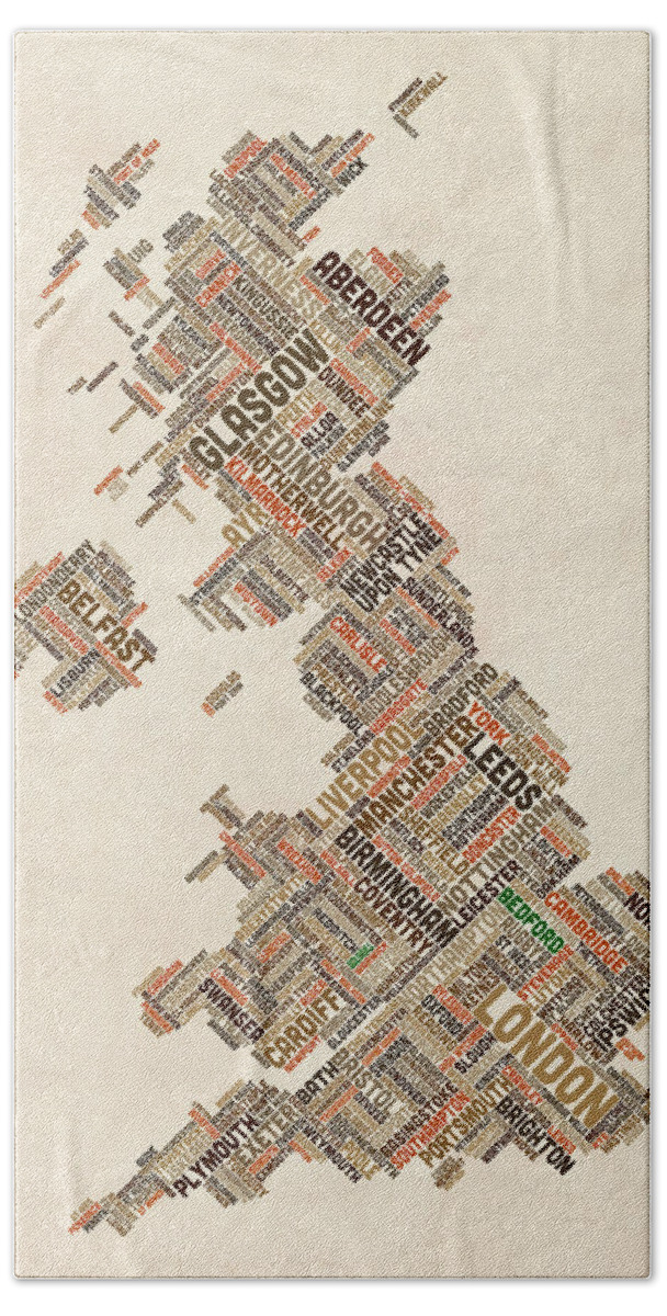 United Kingdom Beach Towel featuring the digital art CUSTOM Great Britain UK City Text Map by Michael Tompsett